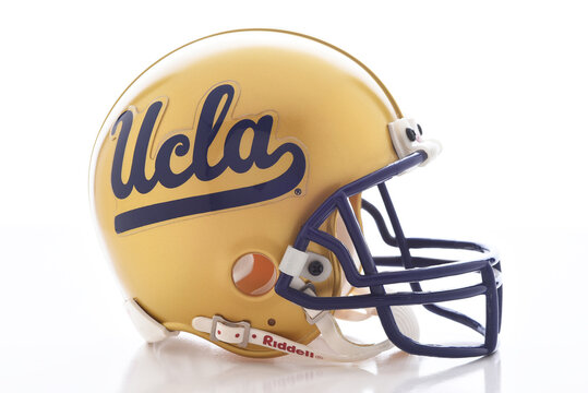 IRVINE, CALIFORNIA - 11 MAR 2023: A mini collectable football helmet from the University of California Los Angeles, UCLA.