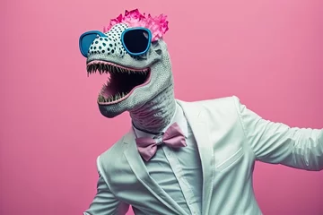 Abwaschbare Fototapete Karneval Crazy party with funny weird guy in animal mask having fun. A strange man wearing a white suit and a silly, ugly dinosaur mask dances alone on a pink background. Generative AI