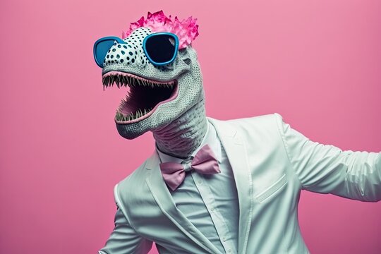 Crazy party with funny weird guy in animal mask having fun. A strange man wearing a white suit and a silly, ugly dinosaur mask dances alone on a pink background. Generative AI