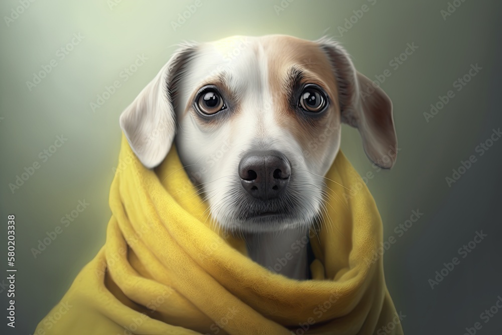 Canvas Prints A portrait of a cute little dog looking at the camera while wearing a yellow scarf. Background is white. idea that's cold. Generative AI