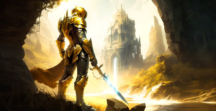 Golden Paladin with sword standing in front of castle.  Image created with generative ai. 