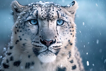 portrait of a snow leopard with blue eyes in snowfall. Generative AI