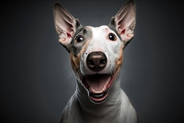 Studio Portrait of Funny and Excited, Bull Terrier Mixed Dog on Grey Background with Shocked Surprised Face and Open Mouth. Generative AI