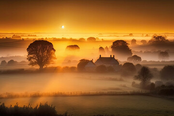 Obraz premium sunrise over a small farm with fog. Generative AI