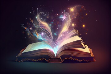 Magic book with magic firework on dark background. Generative AI