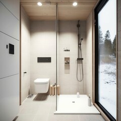 Interior of modern bathroom with tiled floor, shower and toilet. Generative AI