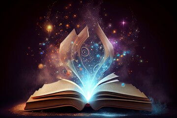 Open book with magic light and stars on dark background. Generative AI