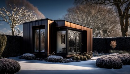Generative AI of a modern wooden house in winter with snow.