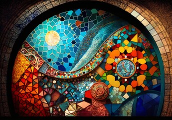 Colorful stained glass window in the arabic style. Abstract background. Generative AI