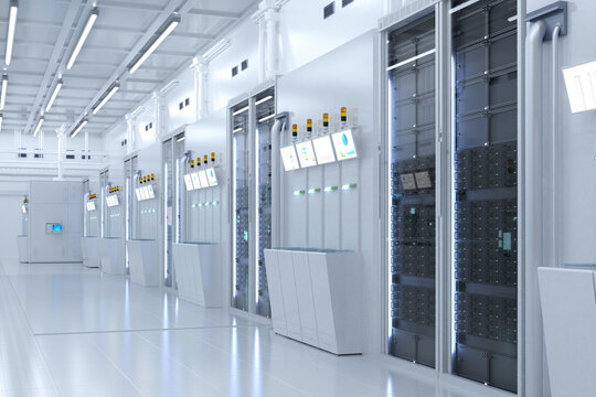 White futuristic semiconductor manufacturing factory or laboratory interior with machine and computer screen - Powered by Adobe