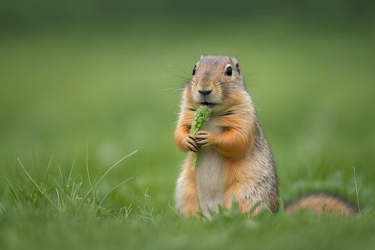 Spermophilus citellus, a European Ground Squirrel, fights with a carrot while sitting in green grass in Germany in the summer. This is a close up picture of an animal. Scene of wildlife in the wild