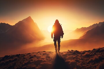 Hiking at Sunrise time, on top of mountain