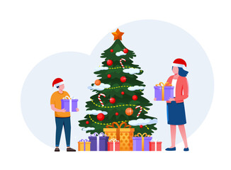 People decorate christmas tree, bring a gift, merry christmas, celebration. flat vector illustration for banners