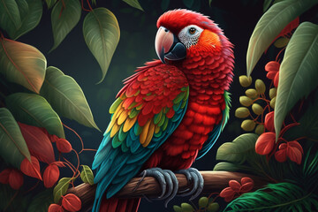 Exotic Parrot on Lush Perch with Tropical Foliage generative ai