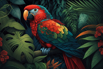 Fototapeta premium Exotic Parrot on Lush Perch with Tropical Foliage generative ai