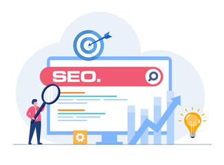 Change SEO ranking position. Search screen page with magnifier . Vector illustration flat design style. SEO, Search Engine Optimization, Top ranking Concept, Flat Vector
