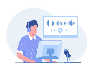 People listening and recording audio podcast or online show vector flat illustration. Joyful person radio host interviewing guest