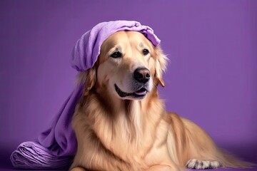 Dog at a spa, with a towel on his head and a body brush. For beauty procedures, a Golden Retriever sits on a purple background. Pet grooming. Generative AI