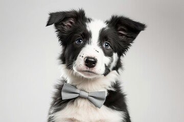 Funny studio portrait of a border collie puppy wearing a bow tie as a man or a groom, on a white background. A new member of the family, a small dog, looks at the camera. Funny pets animals life conce