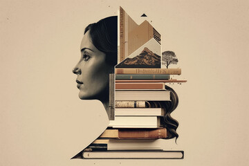 Knowledge and science woman with books artistic graphic collage - Generative AI illustration