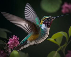 Fototapeta na wymiar Flying hummingbird against a background of flowers. Generative AI