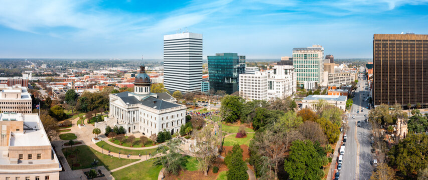Aerial panorama of the South Carolina Statehouse and Columbia skyline on a sunny morning. Columbia is the capital of the U.S. state of South Carolina and serves as the county seat of Richland County
