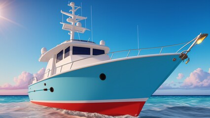 Naklejka premium Red and Blue Boat Travelling Across the Blue Ocean Water Wallpaper AI Generative