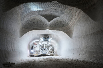 Mining drilling machine works in tunnel of salt quarry