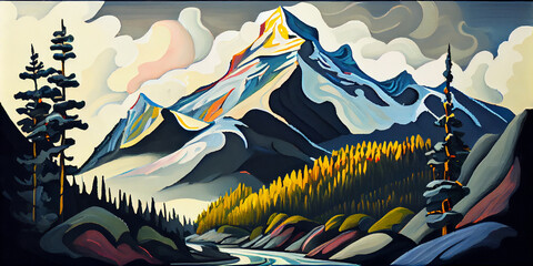 Illustration of an abstract painting of a mountain range. Generative AI.