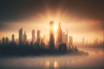 Fototapeta na wymiar Foggy cover modern city in morning time, Generative AI