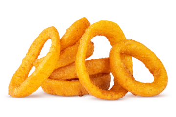 Onion rings. Deep fried onion rings. Breaded crispy vegetable. Snack for beer or vine. Fast food Restaurant. Junk food. Cooked tasty appetizer meal. Fried squid rings. White Isolated background.