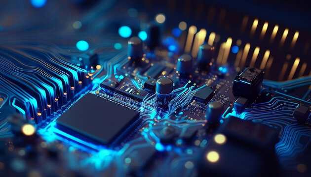 Close up of a Computer Circuit Board. Modern, Blue, 8K, High Quality Resolution, Technology Architecture.