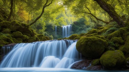 Flowing River Stream Waterfalls in Green Forest Trees Landscape AI Generative
