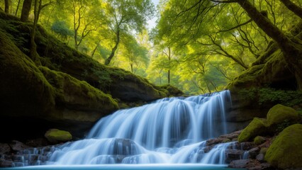Flowing River Stream Waterfalls in Green Forest Trees Landscape AI Generative