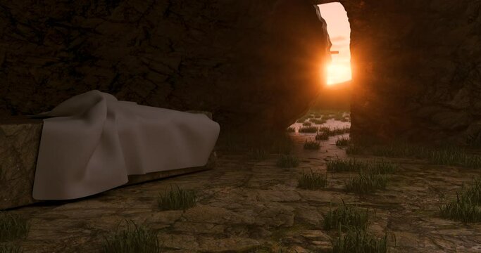 Tomb Empty With Crucifixion At Sunrise - Resurrection Of Jesus - 3D Illustration. Video