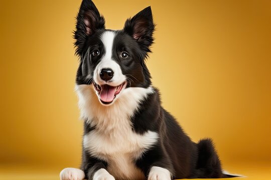 Cute puppy dog border collie smiling in studio isolated on yellow background. A new member of the family, a small dog, looks around and waits for a treat. Care for pets and ideas about animals