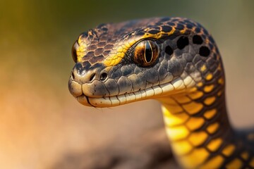 Fototapeta premium Yellow ringed Boiga snake dendrophila, Head of Boiga dendrophila, animal close up, animal attack. Generative AI