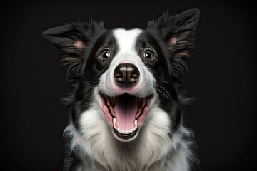 Funny expression dog. A black background with a white border collie. Generative AI