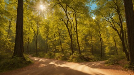 Beautiful Autumn Forest Nature Landscape Full Trees Dirt Ground. AI Generative