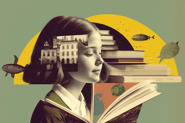 Knowledge and science girl with books artistic graphic collage - Generative AI illustration