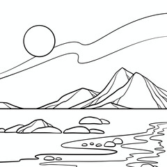Sea, coast, stones, mountains and sky. Adult colouring page, art therapy, antistress. Cartoon linear doodle coloring poster. Line art illustration. Scalable vector graphic.