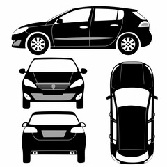 Car silhouette on white background. Vehicle icons set the view from side, front, rear and top
