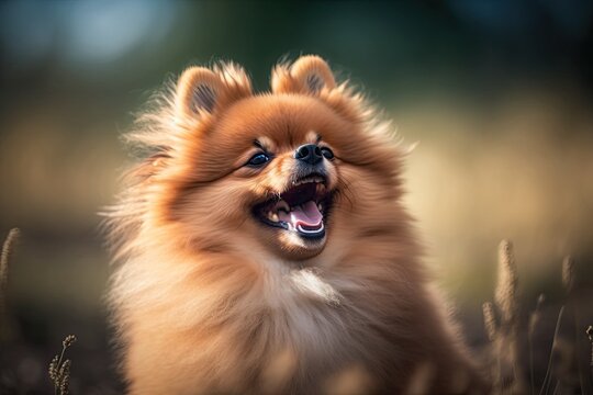 A close up picture of a cute Pomeranian dog barking with its mouth open wide outside. Cute brown animal walking around and having fun in nature. Love pet concept. Generative AI