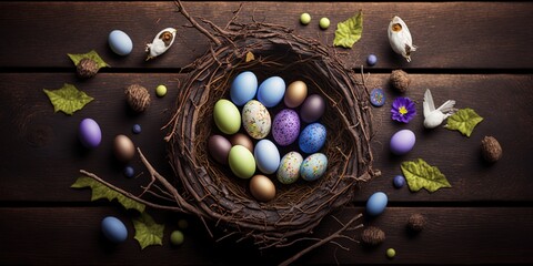 colorful easter eggs inside nest on wooden table, easter eggs, easter day