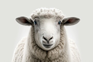 Fototapeta premium A white sheep with just its face visible, munching while gazing towards the camera, isolated, on a white background, copy space, and a clean edit. Generative AI