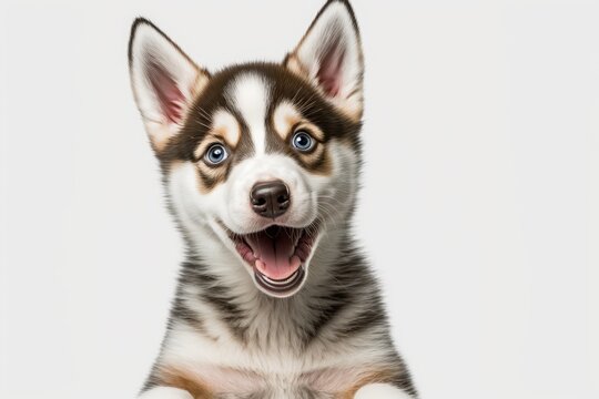 Six month old Siberian Husky puppy sitting and panting on a white background. Generative AI