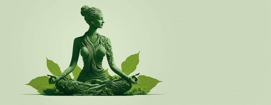 Premium Photo  21 June international yoga day green woman in lotus yoga  pose with copy space for text Generative ai