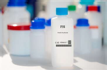 F5S disulfur decafluoride CAS 10546-01-7 chemical substance in white plastic laboratory packaging