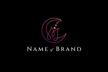 Obraz premium crescent moon logo template with rose flower combination in pink gradient color linear design