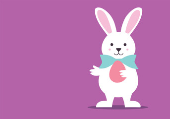 white easter bunny with bow holding an egg, full body, pastel colors, lilac background, minimalist, flat design, vector illustration